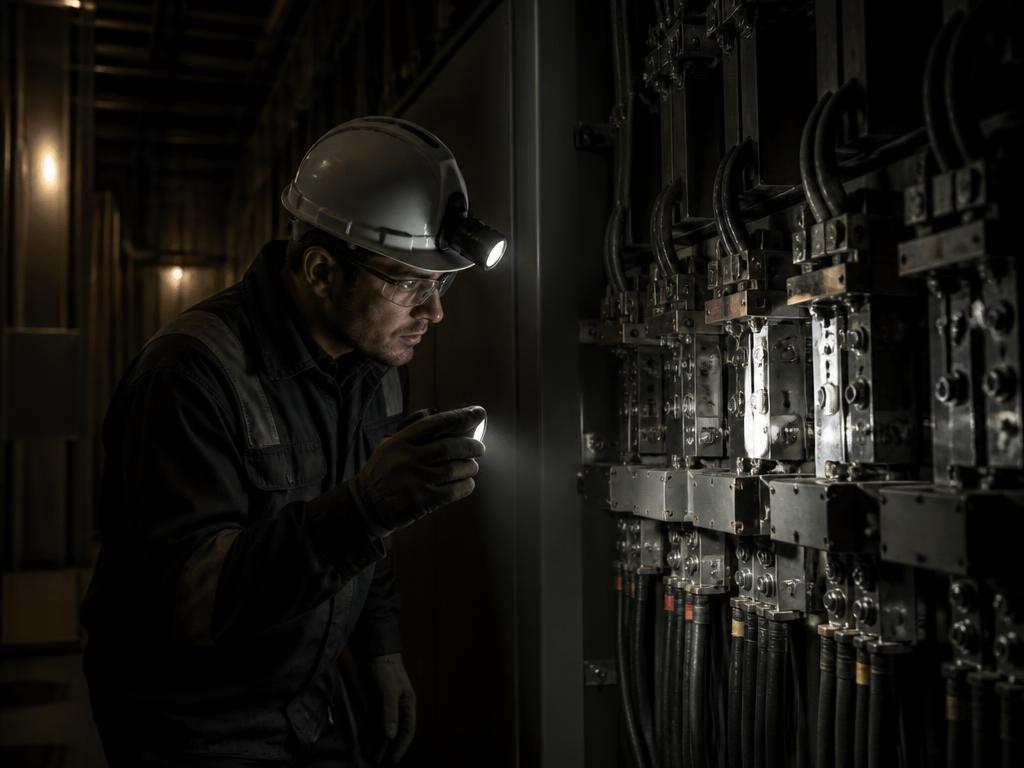 Technician inspecting industrial electrical switchgear in a power plant