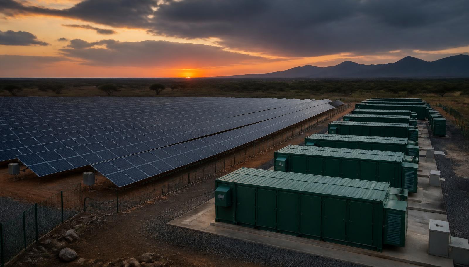 Utility-scale solar array with battery energy storage containers at dusk on an African site